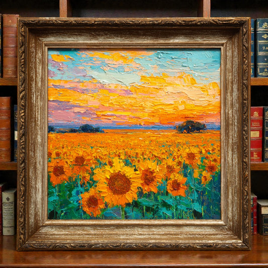 Vintage Impressionist Sunflower Field Framed Oil Painting Reproduction