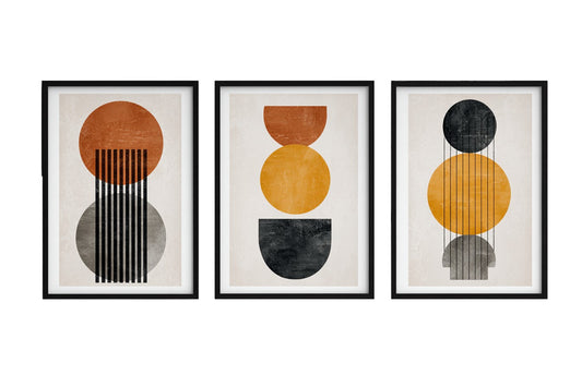 Bauhaus Geometric Abstract Triptych - Set of 3 Framed Prints