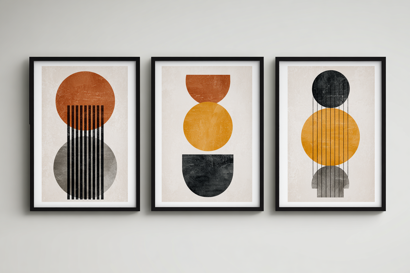 Bauhaus Geometric Abstract Triptych - Set of 3 Framed Prints