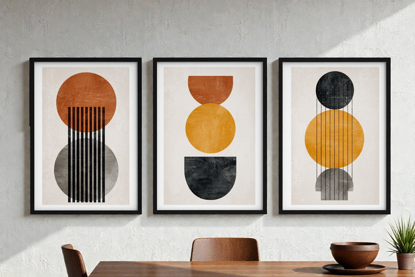 Bauhaus Geometric Abstract Triptych - Set of 3 Framed Prints