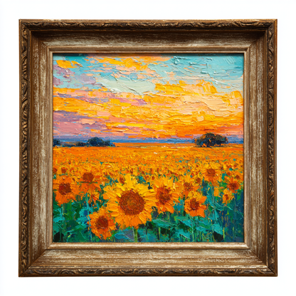 Vintage Impressionist Sunflower Field Framed Oil Painting Reproduction